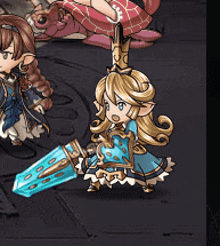 a girl in a blue dress holding a sword in a video game
