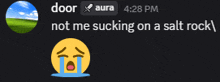 a picture of a crying face with the words door aura 4:28 pm not me sucking on a salt rock on the bottom