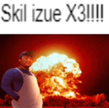 a man in overalls is standing in front of a huge explosion .