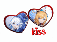 a couple of hearts with the word kiss in red