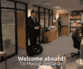 a man riding a segway in an office with the words welcome aboard to house zeldarian