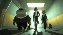 a group of cartoon characters standing in a hallway wearing suits and sunglasses