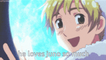 a cartoon of a boy with the words he loves juno so much above him