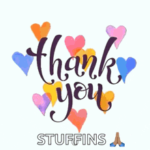 a thank you greeting card with hearts and the name stuffins