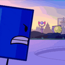 a cartoon drawing of a blue box with a face
