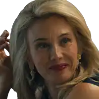 a woman with blonde hair and red lips is smiling