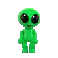 a green alien with black eyes is standing on a white surface .
