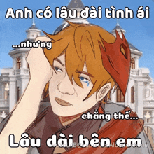 a drawing of a man with a red mask on his head with a caption that says anh có lau dai tinh ai