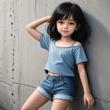 a little girl leaning against a wall wearing shorts and a blue shirt