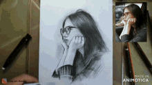 a black and white drawing of a woman with glasses and the words made in animatica at the bottom