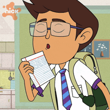 a cartoon of a boy holding a piece of paper with a nick logo in the corner