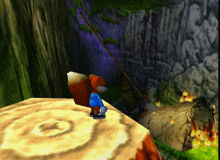 a cartoon squirrel is standing on top of a tree stump
