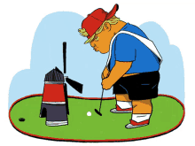 a cartoon drawing of a man playing golf with a windmill in the background