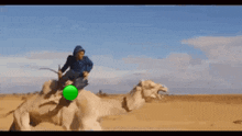 a man is riding on the back of a camel with a green balloon on the back .