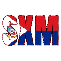 the word sxm is written in red white and blue with a house in the middle