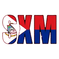 the word sxm is written in red white and blue with a house in the middle