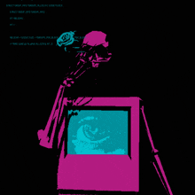 a skeleton is standing in front of a purple box with a blue eye in it