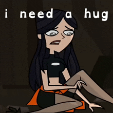 a cartoon of a girl with the words " i need a hug " on the bottom