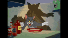 a cartoon of tom and jerry sitting at a table with a bowl of food and ketchup