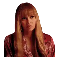 a woman with long hair and bangs is wearing a red shirt