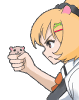 a cartoon girl is holding a hamster in her fist