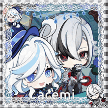 a couple of anime characters with the name acemi on the bottom right