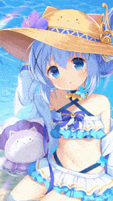a girl with blue hair wearing a straw hat and a bikini
