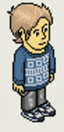 a pixel art drawing of a boy wearing a blue sweater and pants