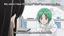 a girl with green hair is sitting at a table and talking to another girl with black hair