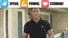 a man in a black shirt stands in front of a sign that says speed power stamina