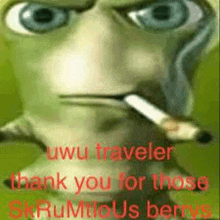a cartoon character is smoking a cigarette and says `` uwu traveler thank you for those scrumtious berries '' .