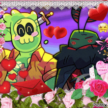 a picture of two cartoon characters with hearts and an envelope that says " love heart " on it