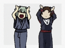 a couple of cartoon characters standing next to each other with their hands on their heads