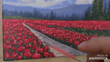 a painting of a field of red flowers with the words made in animatica below it