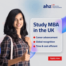 a woman in a plaid shirt is smiling in front of a sign that says study mba in the uk