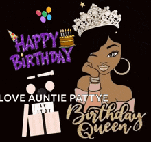 a birthday card with a woman wearing a tiara and the words happy birthday love auntie pattye
