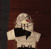 a cartoon character is sitting in a chair with a smiley face on her face