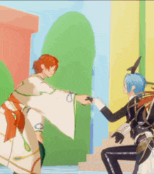 a couple of anime characters shaking hands in a room