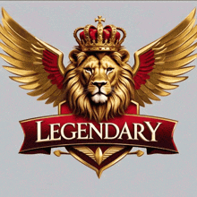 a lion with wings and a crown that says legendary on a red banner