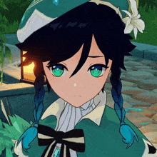 a close up of a anime character with green eyes
