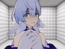 a girl with blue hair and wings is holding a man 's hand in a white room .