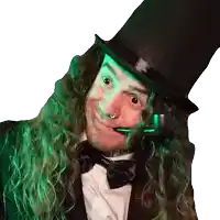 a man with long hair is wearing a top hat
