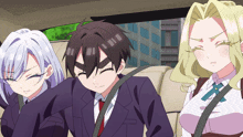 three anime characters are sitting in the back seat of a car with one girl looking angry