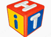 a red yellow and blue cube with the letter t on it