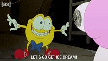 a cartoon character says let 's go get ice cream in a dark room