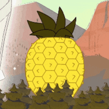 a cartoon drawing of a pineapple in a field of pine trees