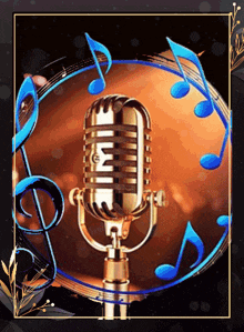 a microphone is surrounded by music notes and a clef