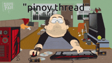a cartoon of a man playing a video game with the words pinoy thread behind him