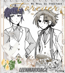 a picture of two anime characters with the words " we will be together forever " above them