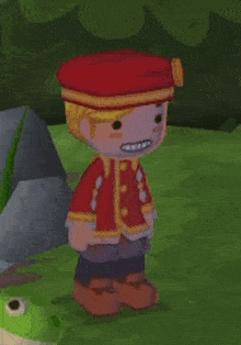 a cartoon character is wearing a red hat and a red jacket .